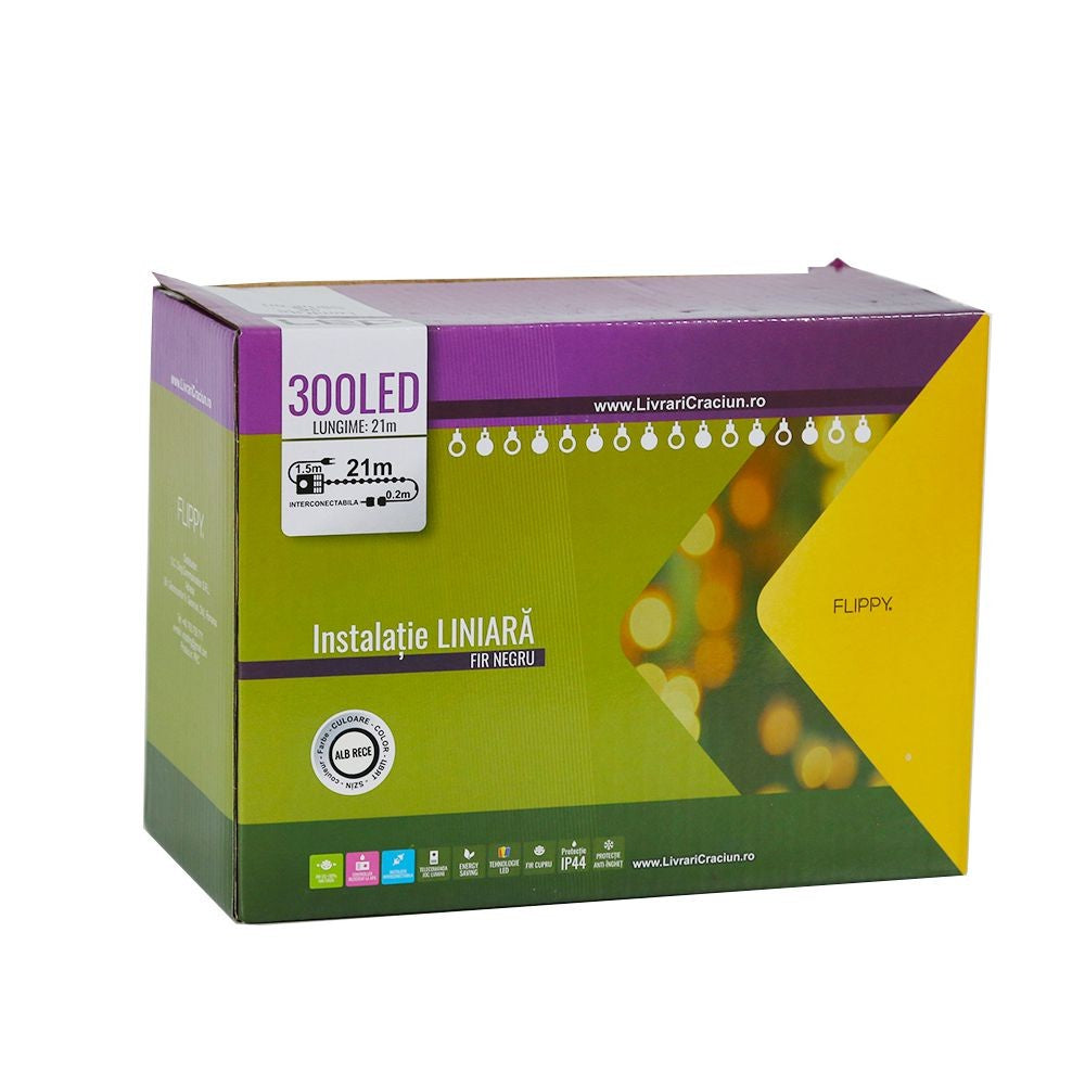 Instalatie de Craciun, Premium Kadeny®, Tip Liniara, 21 m, 300 LED-uri, Interconectabila, Alb Rece