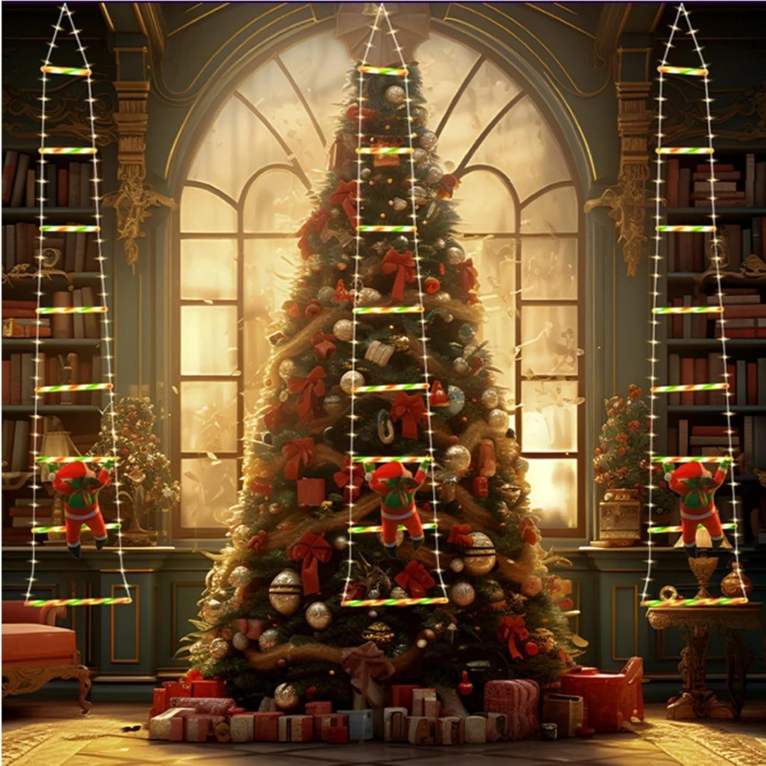 Instalatie LED de Craciun, Kadeny, cu Accesorii, Lumina Calda, Lungime 1.5m, 8 Trepte, 120 de Luminite, 8 Moduri, Model Mos Craciun pe Scara, Multicolor