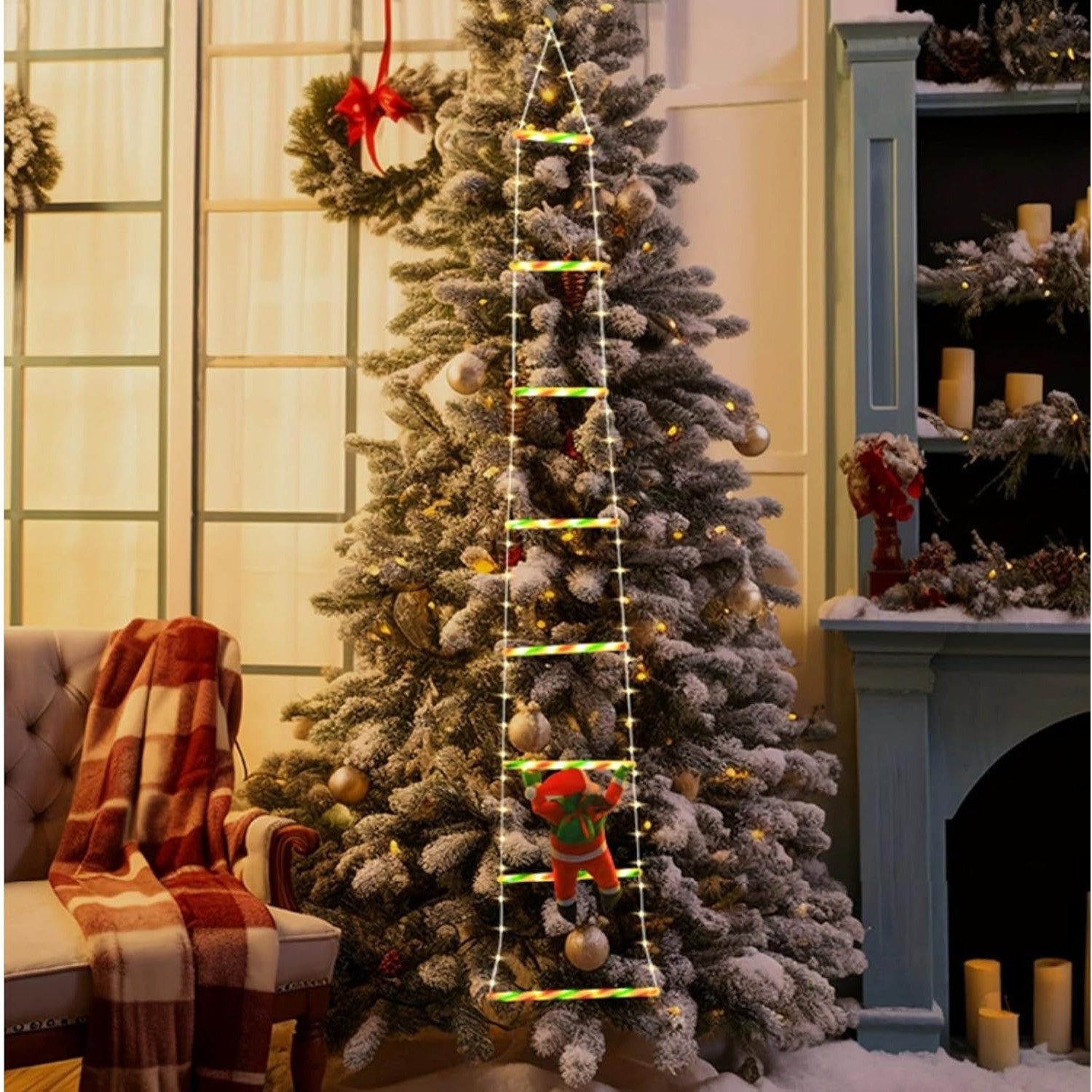 Instalatie LED de Craciun, Kadeny, cu Accesorii, Lumina Calda, Lungime 1.5m, 8 Trepte, 120 de Luminite, 8 Moduri, Model Mos Craciun pe Scara, Multicolor