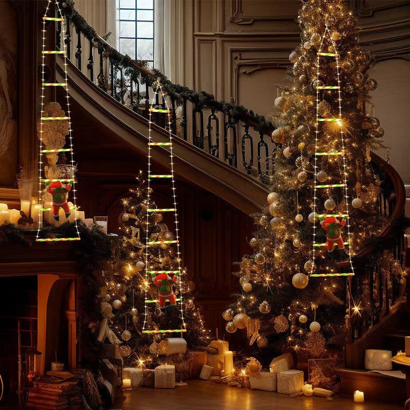 Instalatie LED de Craciun, Kadeny, cu Accesorii, Lumina Calda, Lungime 1.5m, 8 Trepte, 120 de Luminite, 8 Moduri, Model Mos Craciun pe Scara, Multicolor