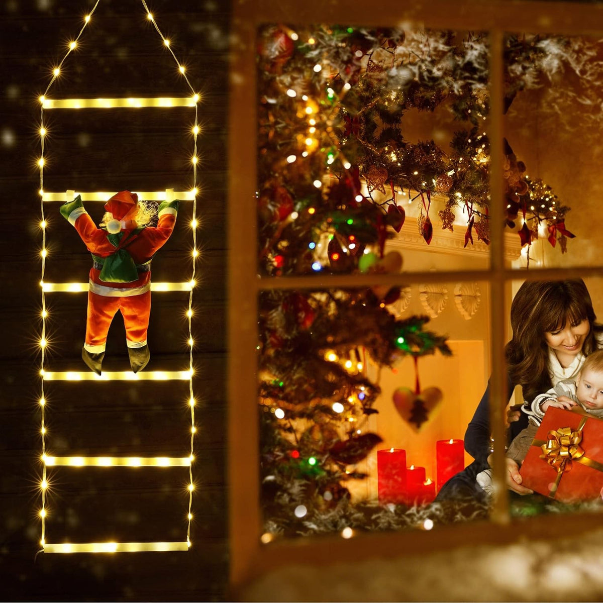 Instalatie LED de Craciun, Kadeny, cu Accesorii, Lumina Calda, Lungime 1 m, 4 Trepte, 72 de Luminite, 8 Moduri, Model Mos Craciun pe Scara  Alb cald