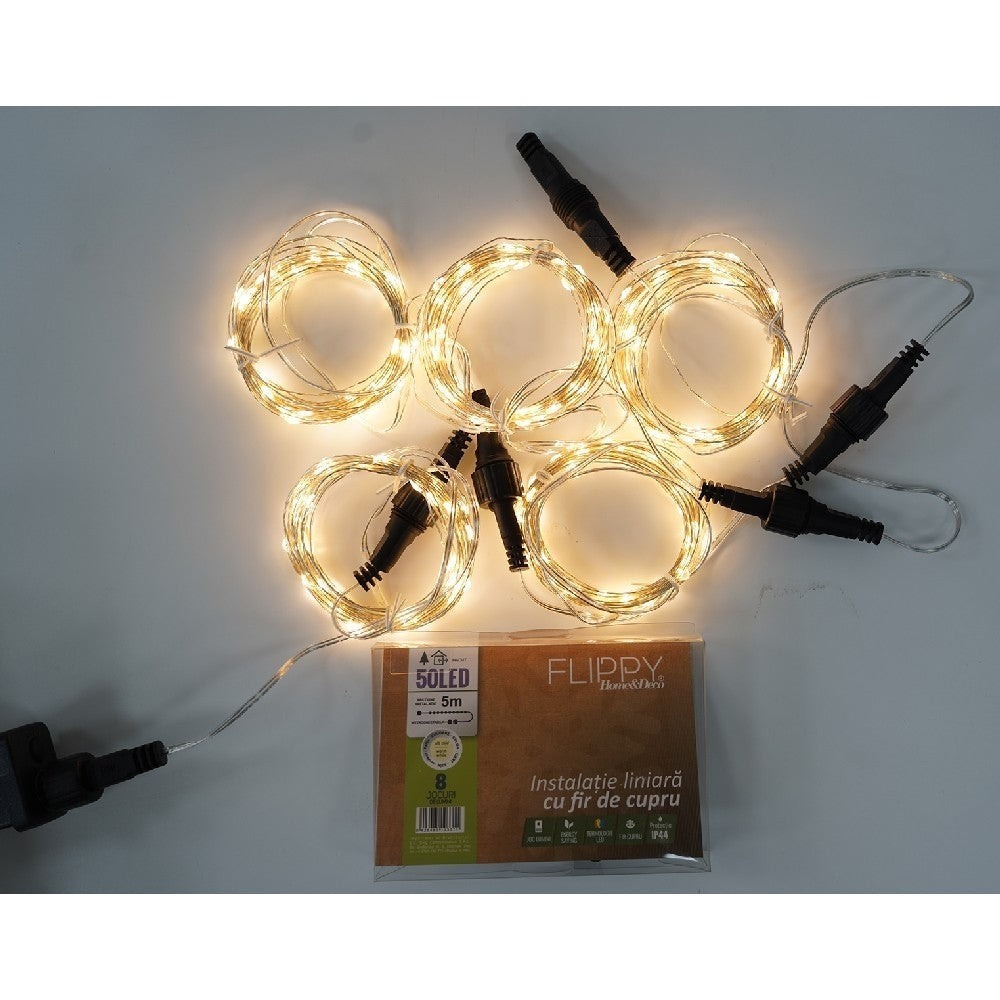 Instalatie Liniara de Craciun, 40 m, 400 Led-uri, Alb Cald, 8 jocuri de lumini, Transformator, Interconectabila, Prelungitor 5 m inclus, Fir Cupru, Kaveny