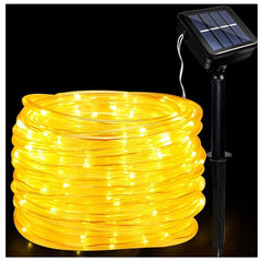 Instalatie luminoasa de Craciun cu LED, 100 LED-uri tip Tub, 12 metri lungime, 8 programe, 2 metri prelungitor, incarcare solara, alb cald, Kaveny