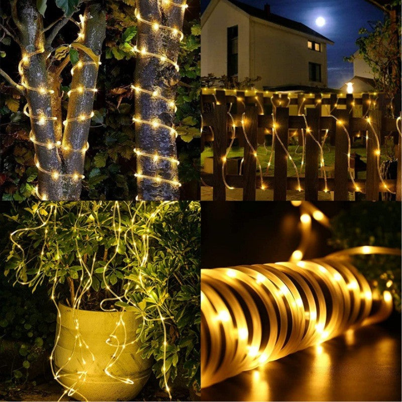 Instalatie luminoasa de Craciun cu LED, 100 LED-uri tip Tub, 12 metri lungime, 8 programe, 2 metri prelungitor, incarcare solara, alb cald, Kaveny