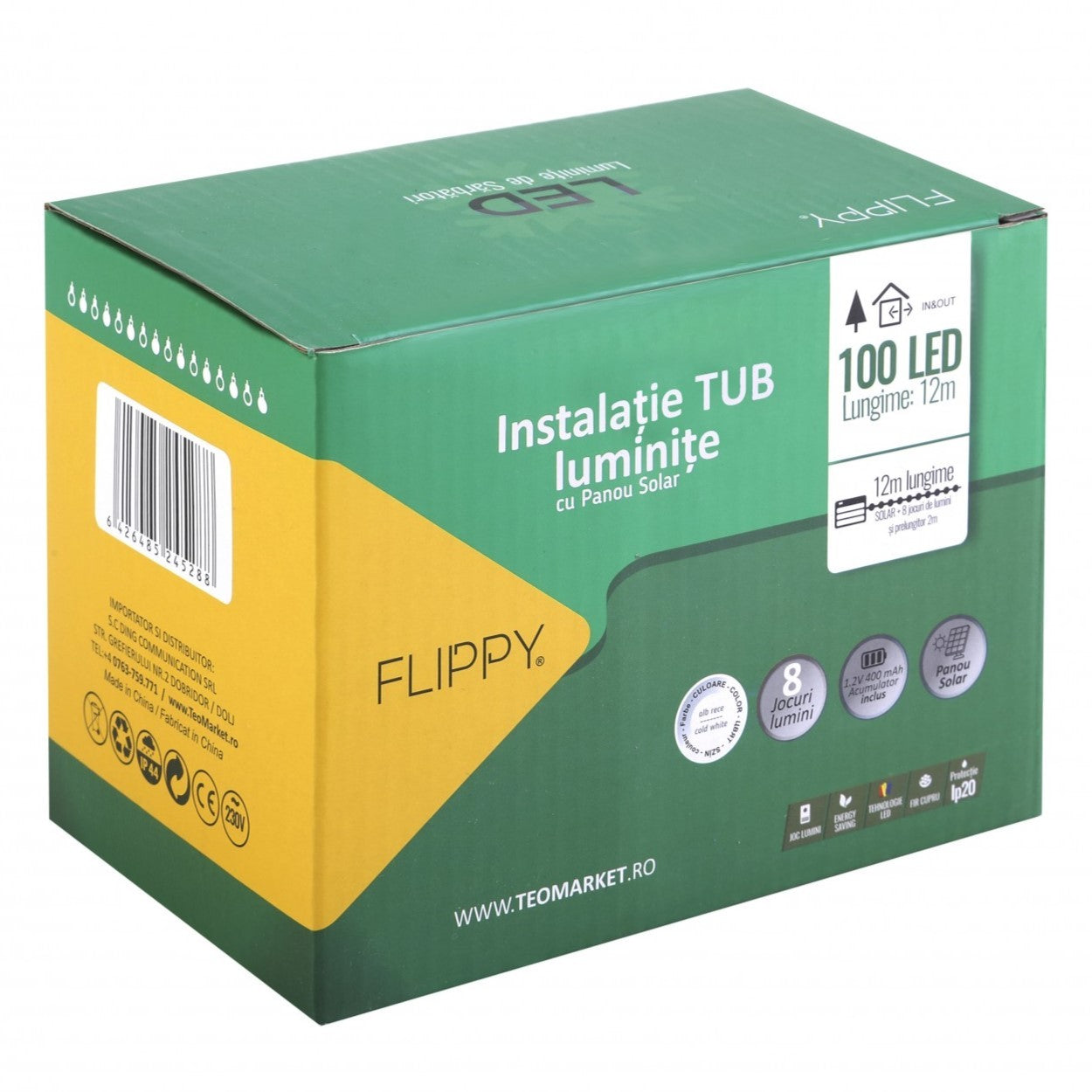 Instalatie luminoasa de Craciun tip furtun luminos, 100 LED-uri, 12 metri lungime, 8 programe, 2 metri prelungitor, sarma din cupru, incarcare solara, alb rece, Kaveny