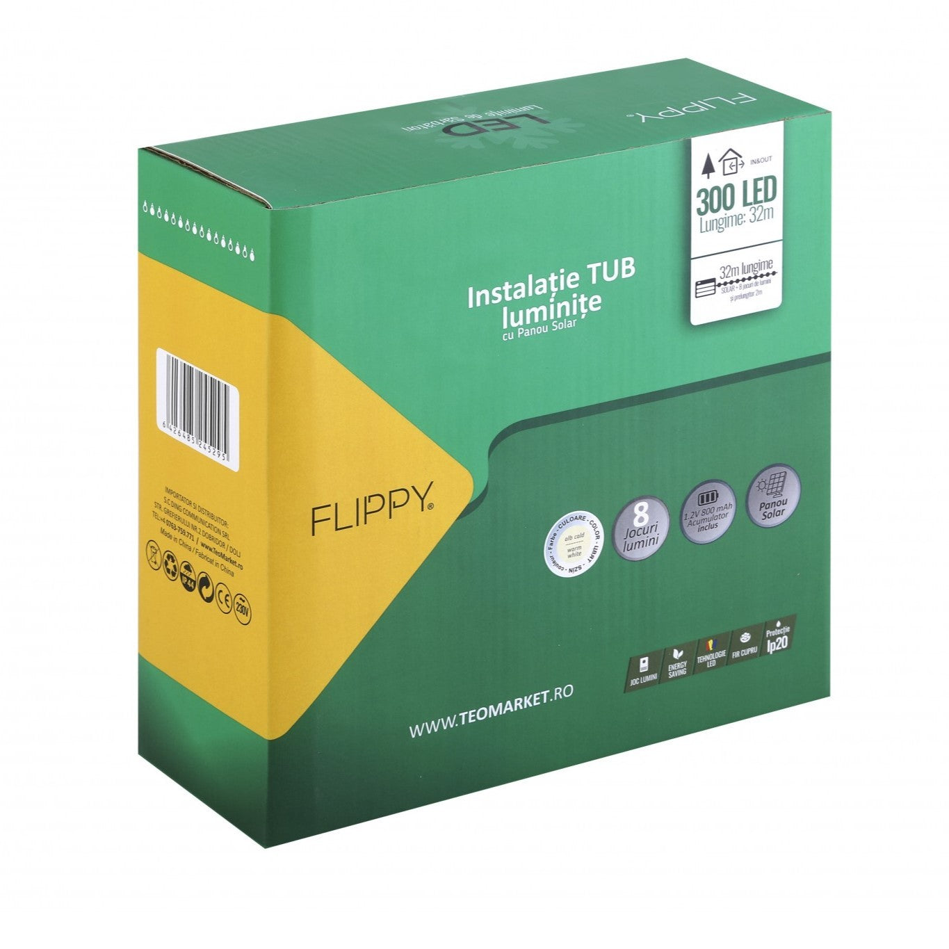 Instalatie luminoasa de Craciun tip furtun luminos, 300 LED-uri, 32 metri lungime, 8 programe, 2 metri prelungitor, sarma din cupru, incarcare solara, alb cald, Kaveny
