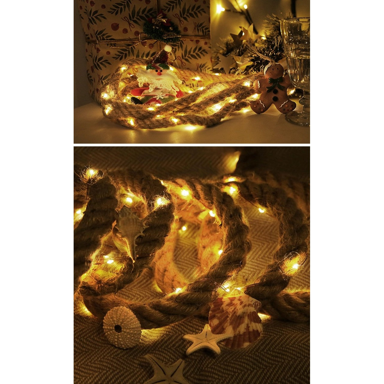 Instalatie Luminoasa, Kadeny, cu Fir de Cupru, 3 m, 60 LED-uri, Model Sfoara de Canepa, cu Baterii, 8 Jocuri de Lumini, IP44, Alb Cald