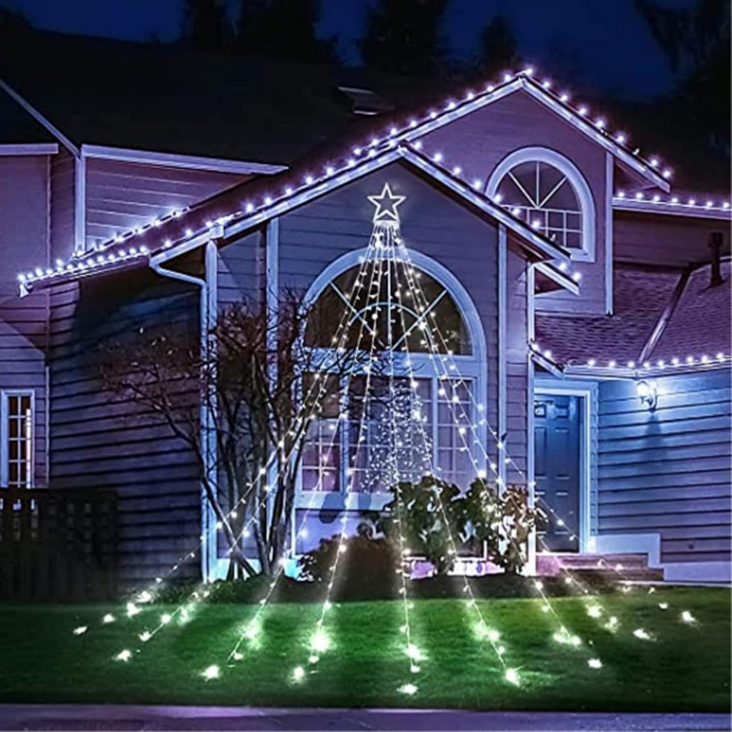 Instalatie Tip Perdea Pentru Pomul De Craciun, Cu Stea Luminoasa, Kaveny , 350 LED-uri, Conectare La Retea, Interior/Exterior, Lumina Rece