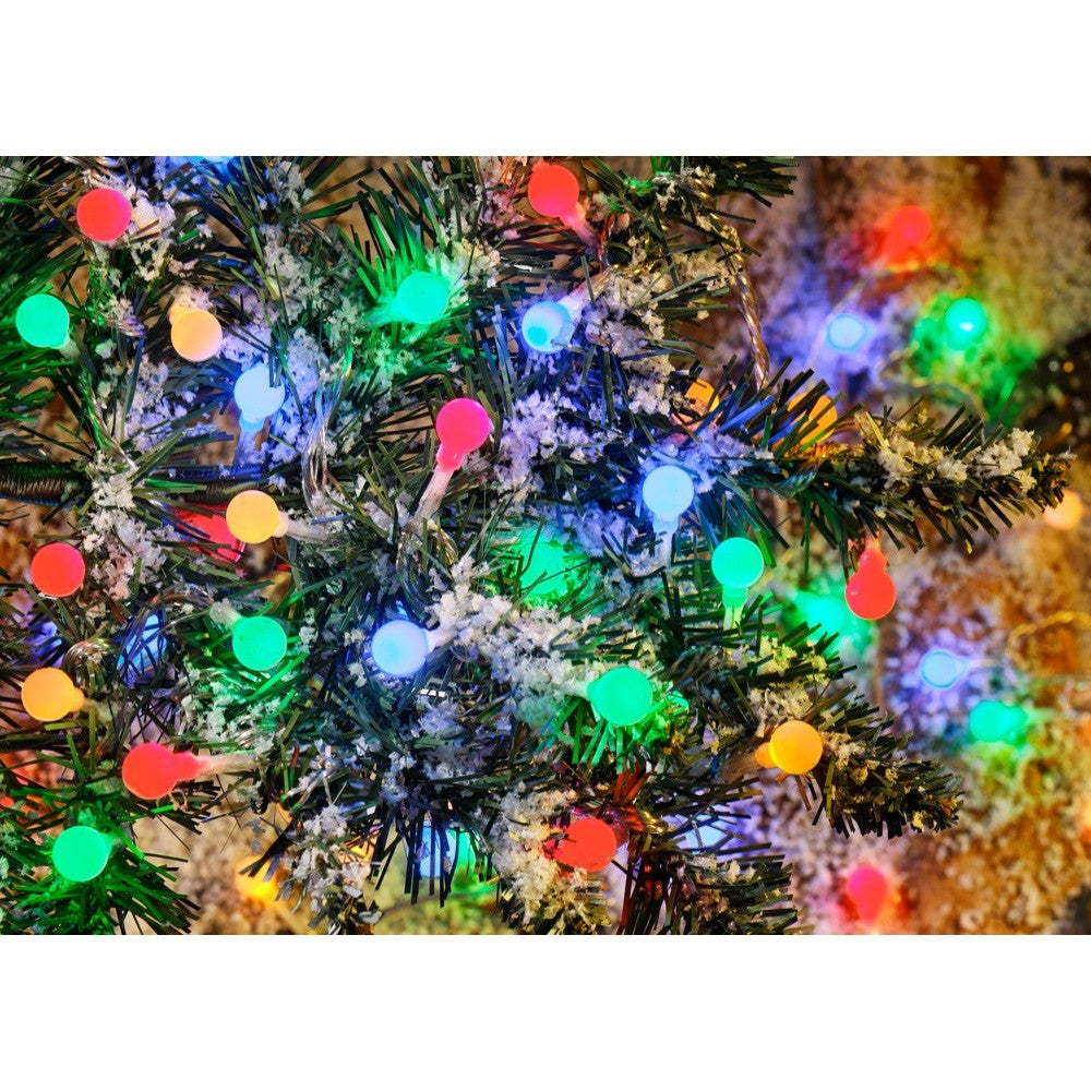 Instalatie sfere brad Craciun Kaveny, 3 metri, 20 LEd-uri, alimentare la retea, fir transparent, multicolora