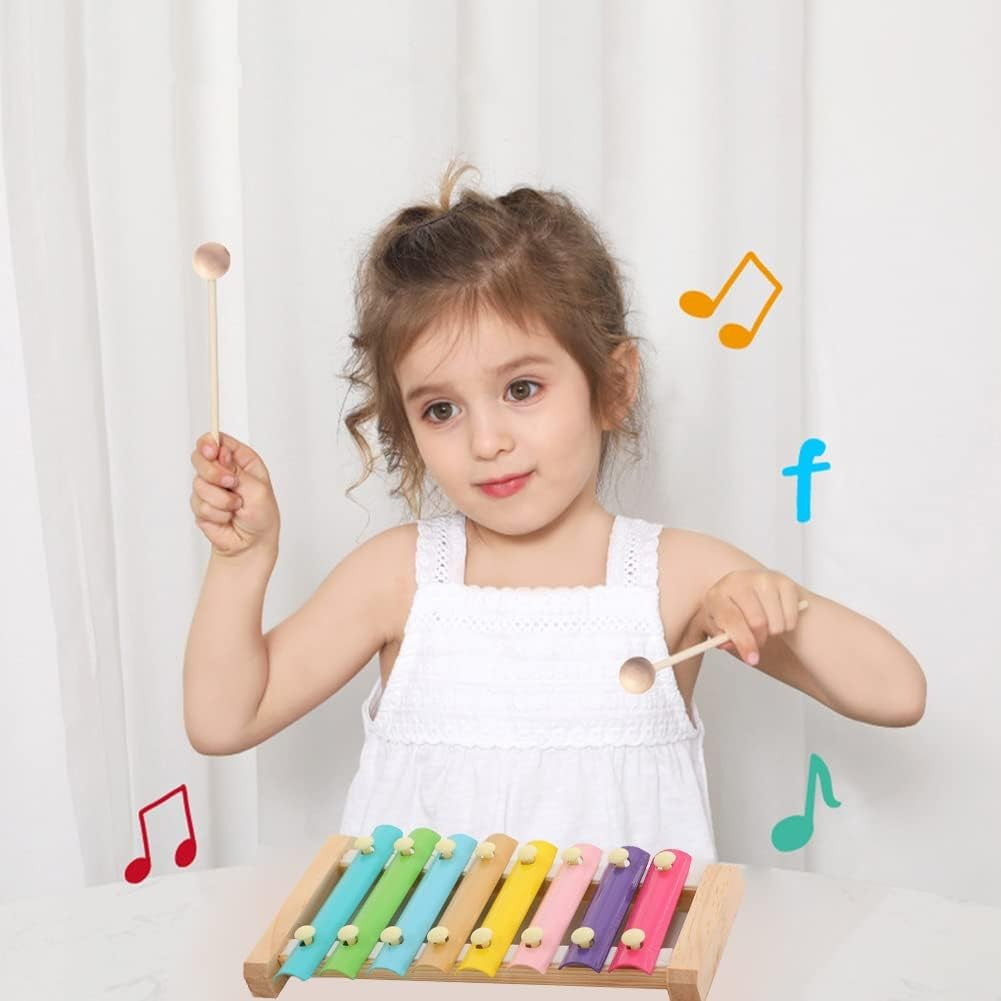 Instrument Muzical Xilofon Kaveny, din Lemn, 8 Note Muzicale, 2 Bete de Percutie, 4-6 Ani, Multicolor Pastel
