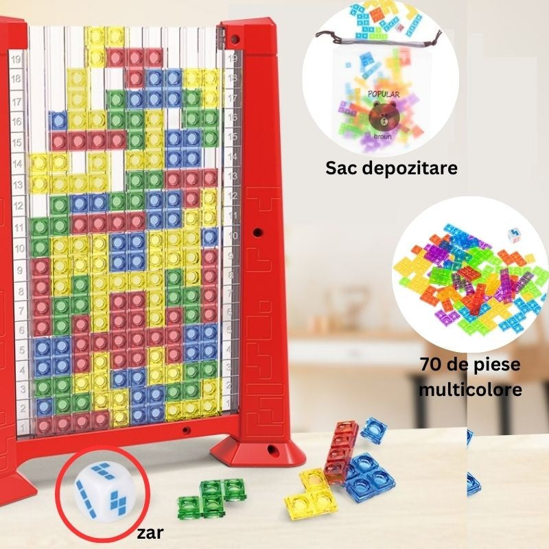 Joc de inteligenta Tetris puzzle tangram Kaveny, 70 de piese multicolore, 3D, montessori, interactiv, din plastic, zar inclus, sac depozitare piese, varsta peste 6 ani, 23 x 19.8 x 5 cm, cadru rosu