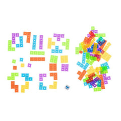 Joc de inteligenta Tetris puzzle tangram Kaveny, 70 de piese multicolore, 3D, montessori, interactiv, din plastic, zar inclus, sac depozitare piese, varsta peste 6 ani, 23 x 19.8 x 5 cm, cadru rosu