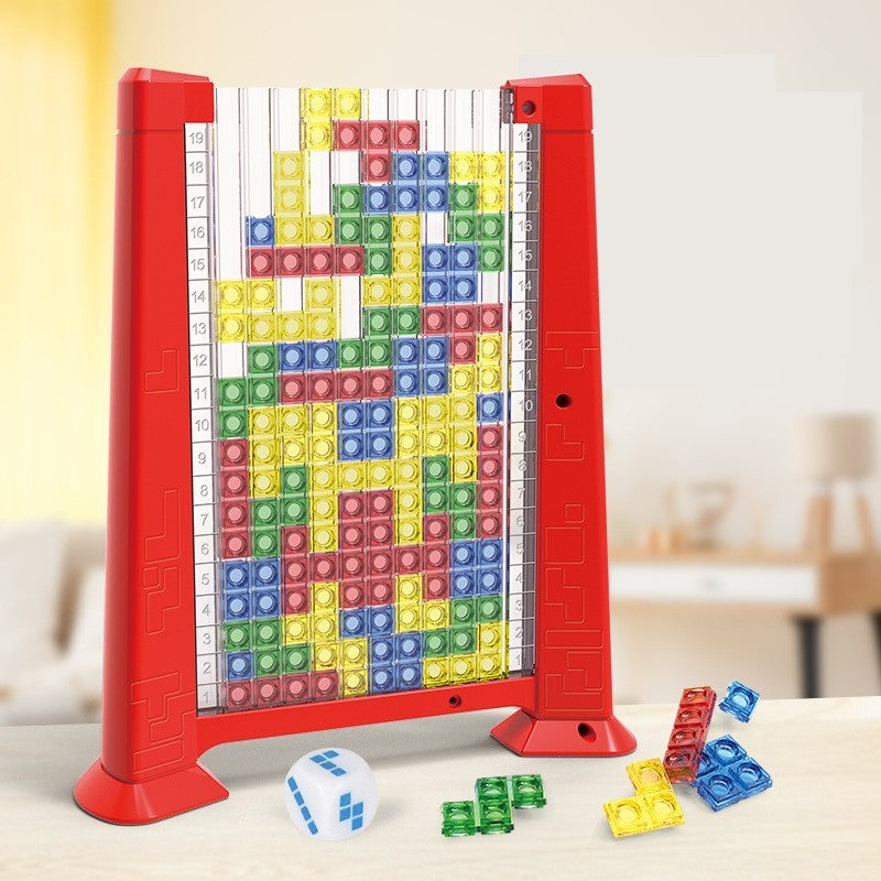 Joc de inteligenta Tetris puzzle tangram Kaveny, 70 de piese multicolore, 3D, montessori, interactiv, din plastic, zar inclus, sac depozitare piese, varsta peste 6 ani, 23 x 19.8 x 5 cm, cadru rosu