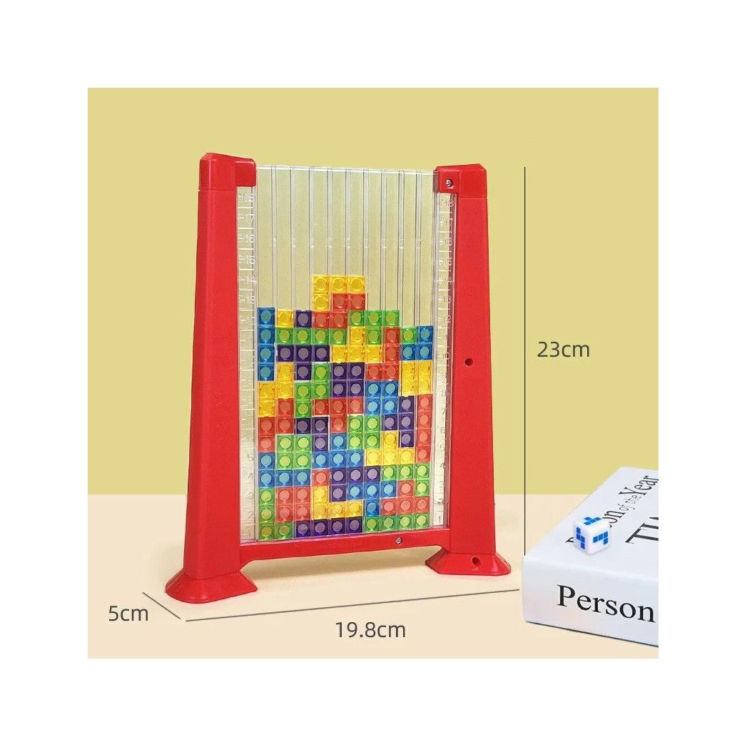 Joc de inteligenta Tetris puzzle tangram Kaveny, 70 de piese multicolore, 3D, montessori, interactiv, din plastic, zar inclus, sac depozitare piese, varsta peste 6 ani, 23 x 19.8 x 5 cm, cadru rosu