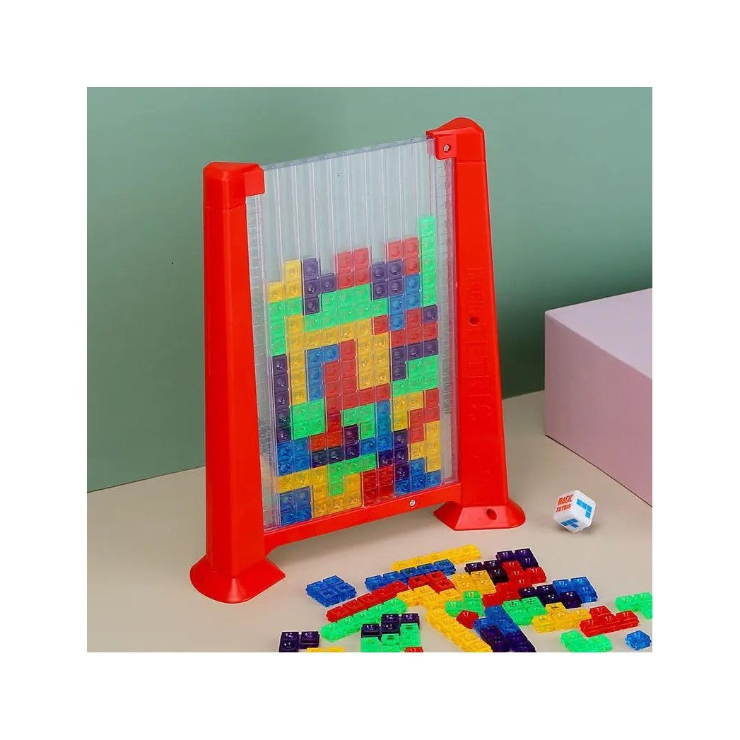 Joc de inteligenta Tetris puzzle tangram Kaveny, 70 de piese multicolore, 3D, montessori, interactiv, din plastic, zar inclus, sac depozitare piese, varsta peste 6 ani, 23 x 19.8 x 5 cm, cadru rosu
