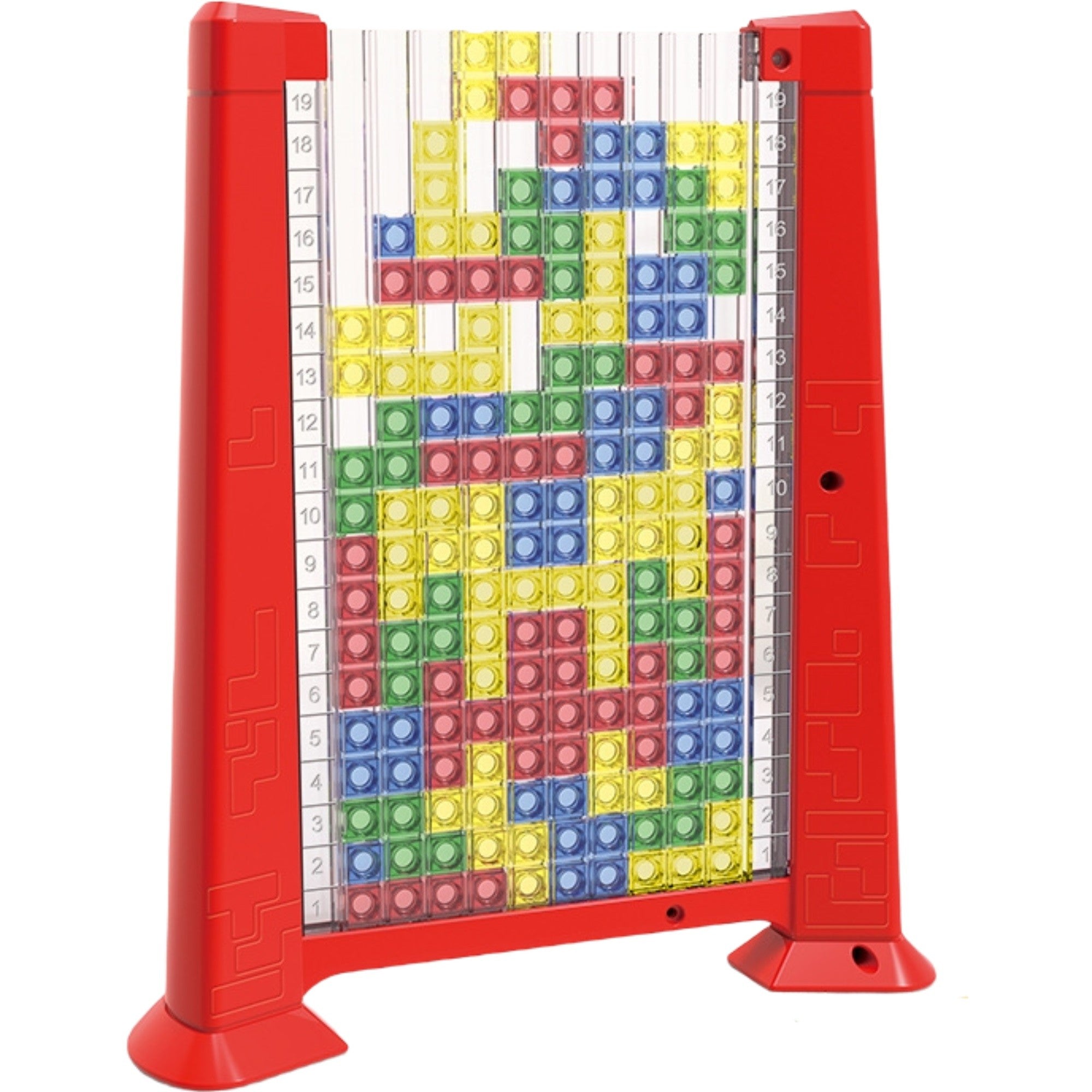 Joc de inteligenta Tetris puzzle tangram Kaveny, 70 de piese multicolore, 3D, montessori, interactiv, din plastic, zar inclus, sac depozitare piese, varsta peste 6 ani, 23 x 19.8 x 5 cm, cadru rosu