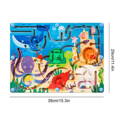 Joc Montessori de Sortare Culori, Kaveny, Creion Magnetic, Tip Labirint Ilustrat, din Lemn, Model Animale Marine, 39x29x1.5 cm
