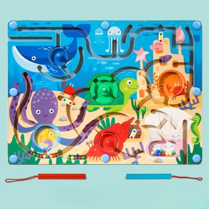 Joc Montessori de Sortare Culori, Kaveny, Creion Magnetic, Tip Labirint Ilustrat, din Lemn, Model Animale Marine, 39x29x1.5 cm