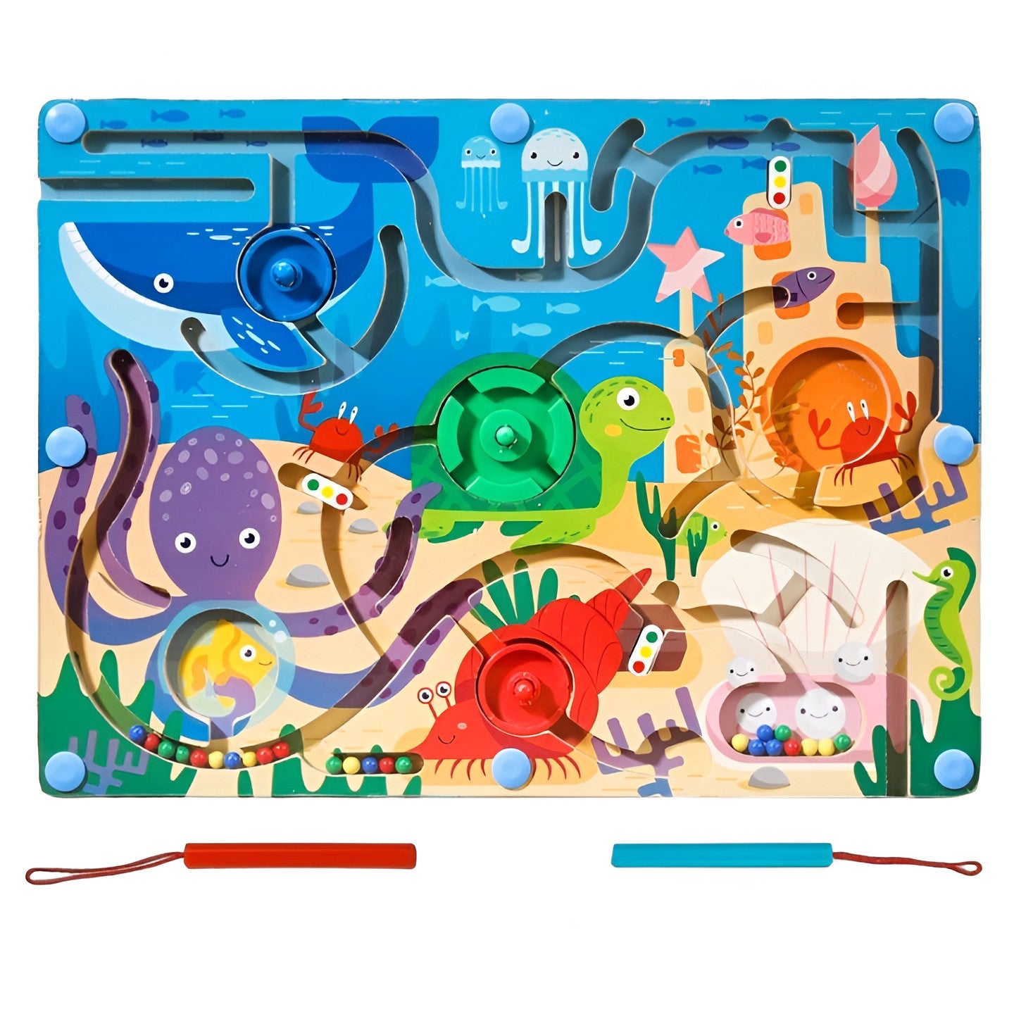 Joc Montessori de Sortare Culori, Kaveny, Creion Magnetic, Tip Labirint Ilustrat, din Lemn, Model Animale Marine, 39x29x1.5 cm