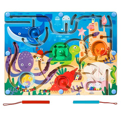 Joc Montessori de Sortare Culori, Kaveny, Creion Magnetic, Tip Labirint Ilustrat, din Lemn, Model Animale Marine, 39x29x1.5 cm