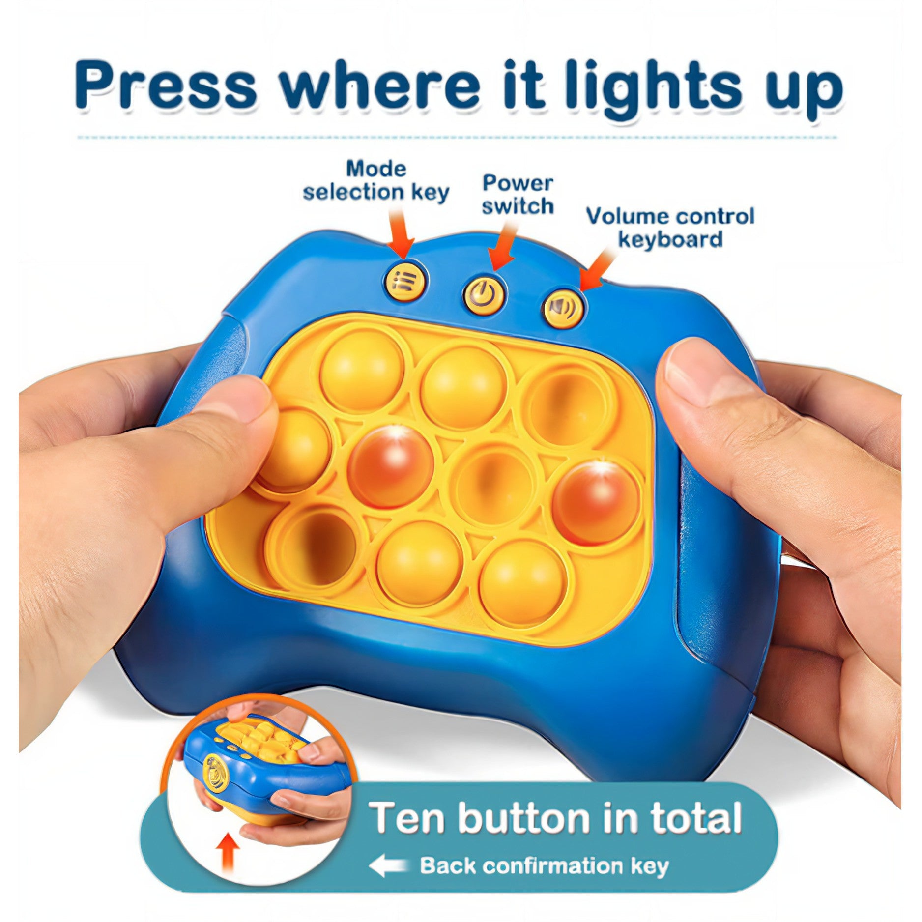 Joc Pop It, Kaveny, consola, joc interactiv, antistres, cu baterii, Abs si silicon, Albastru, 12 x 10 x 5.8 cm