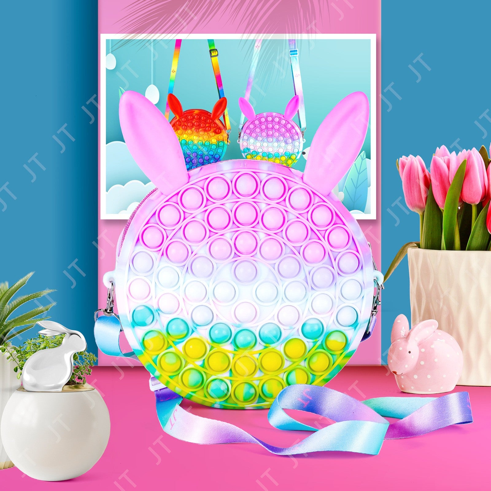 Jucarie antistres din silicon Kaveny, Geanta Pop It, 16 cm, Iepuras, Macarons