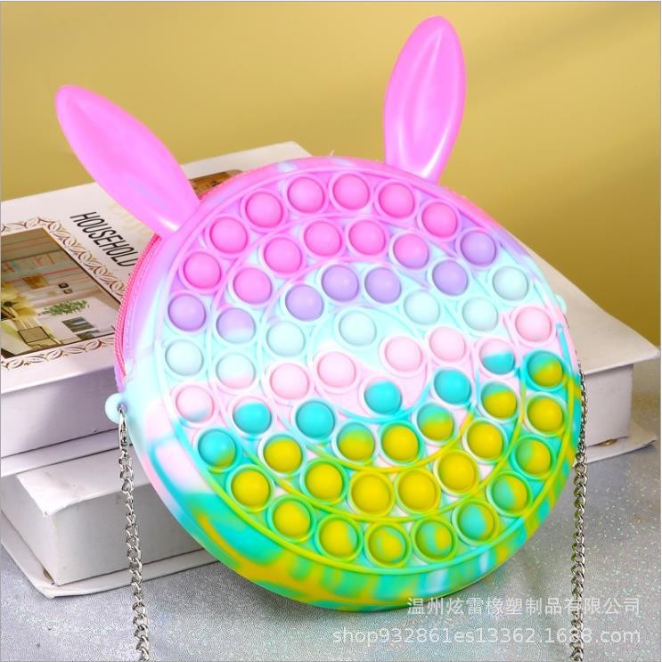 Jucarie antistres din silicon Kaveny, Geanta Pop It, 16 cm, Iepuras, Macarons