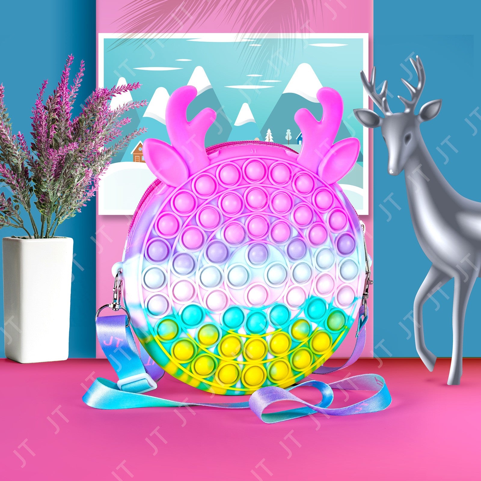 Jucarie antistres din silicon Kaveny, Geanta Pop It, 16 cm, Ren, Macarons