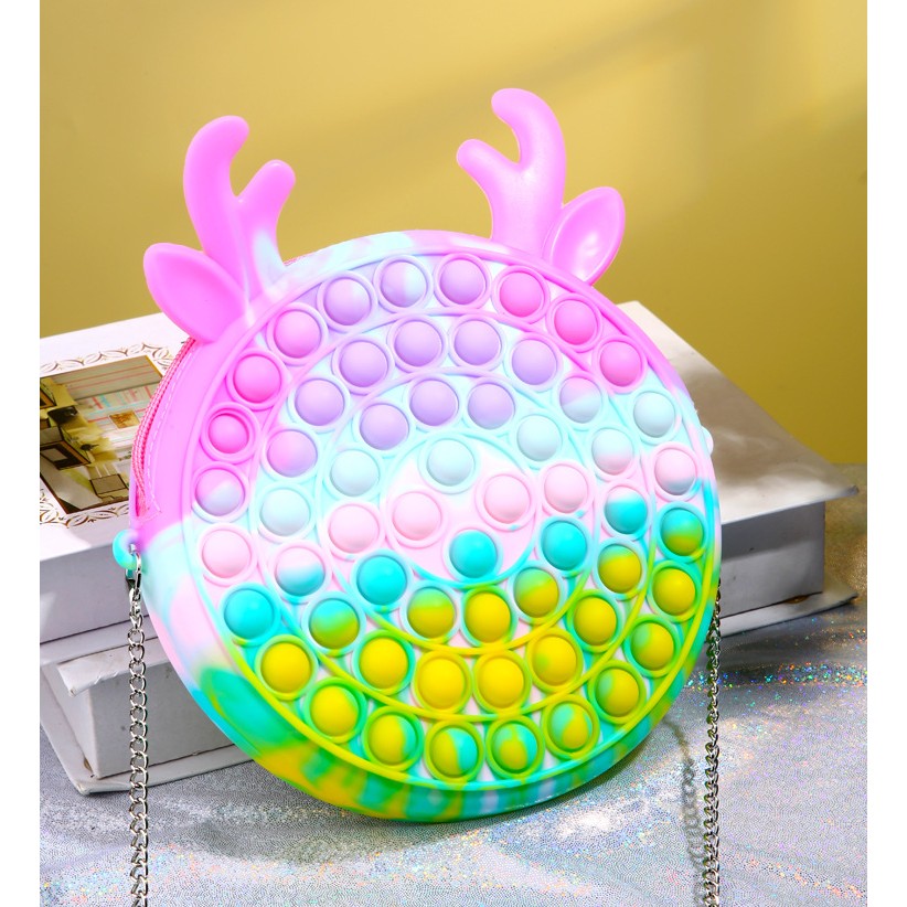 Jucarie antistres din silicon Kaveny, Geanta Pop It, 16 cm, Ren, Macarons