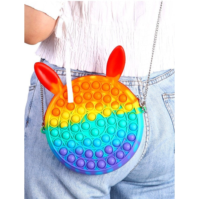 Jucarie antistres din silicon Kaveny, Geanta Pop It, Iepuras, 16 cm, Curcubeu