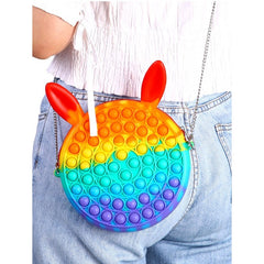 Jucarie antistres din silicon Kaveny, Geanta Pop It, Iepuras, 16 cm, Curcubeu