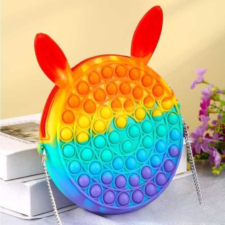 Jucarie antistres din silicon Kaveny, Geanta Pop It, Iepuras, 16 cm, Curcubeu