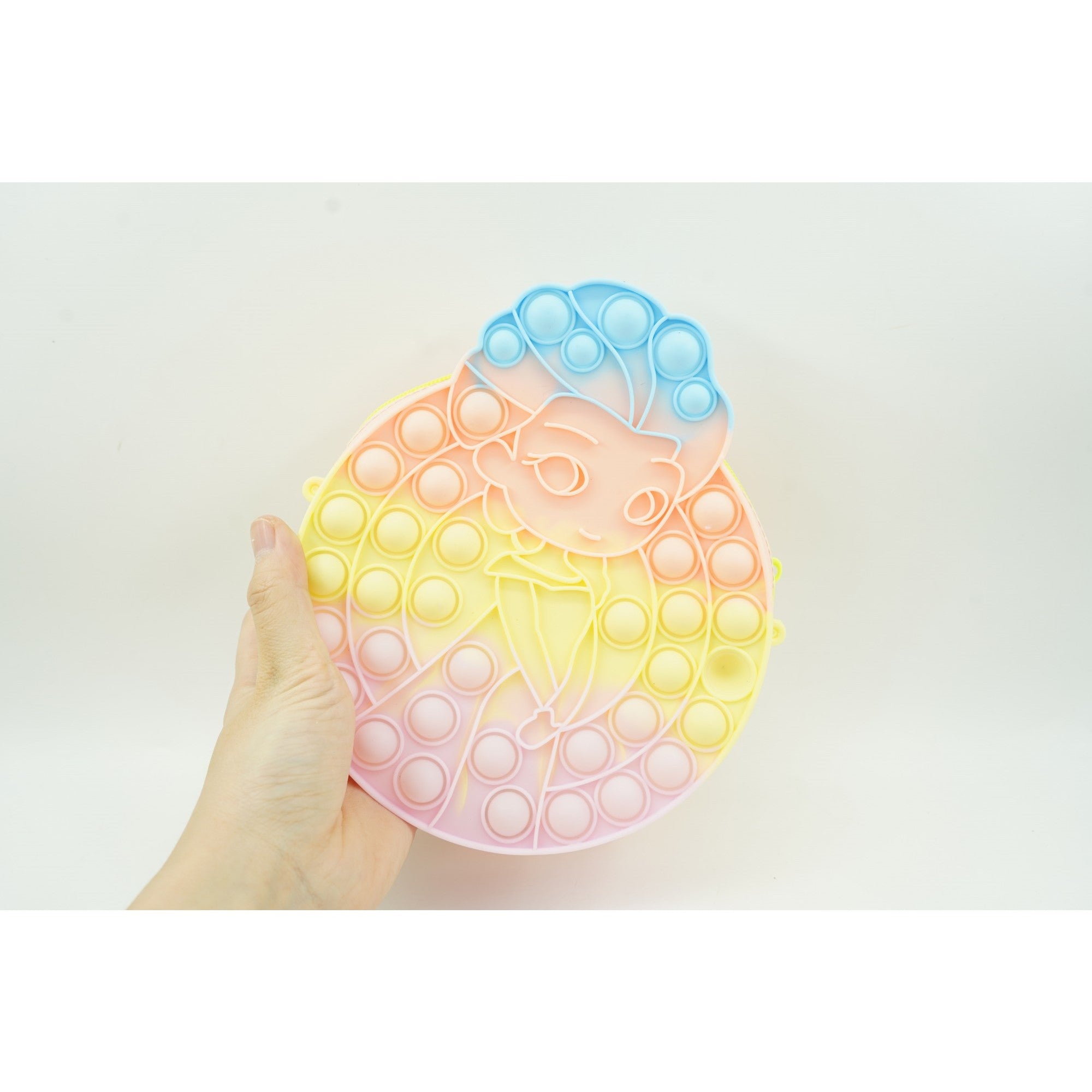 Jucarie antistres din silicon, Kaveny, Pop It Now and Flip It, Geanta de umar, Mica printesa, 16 cm, Macarons