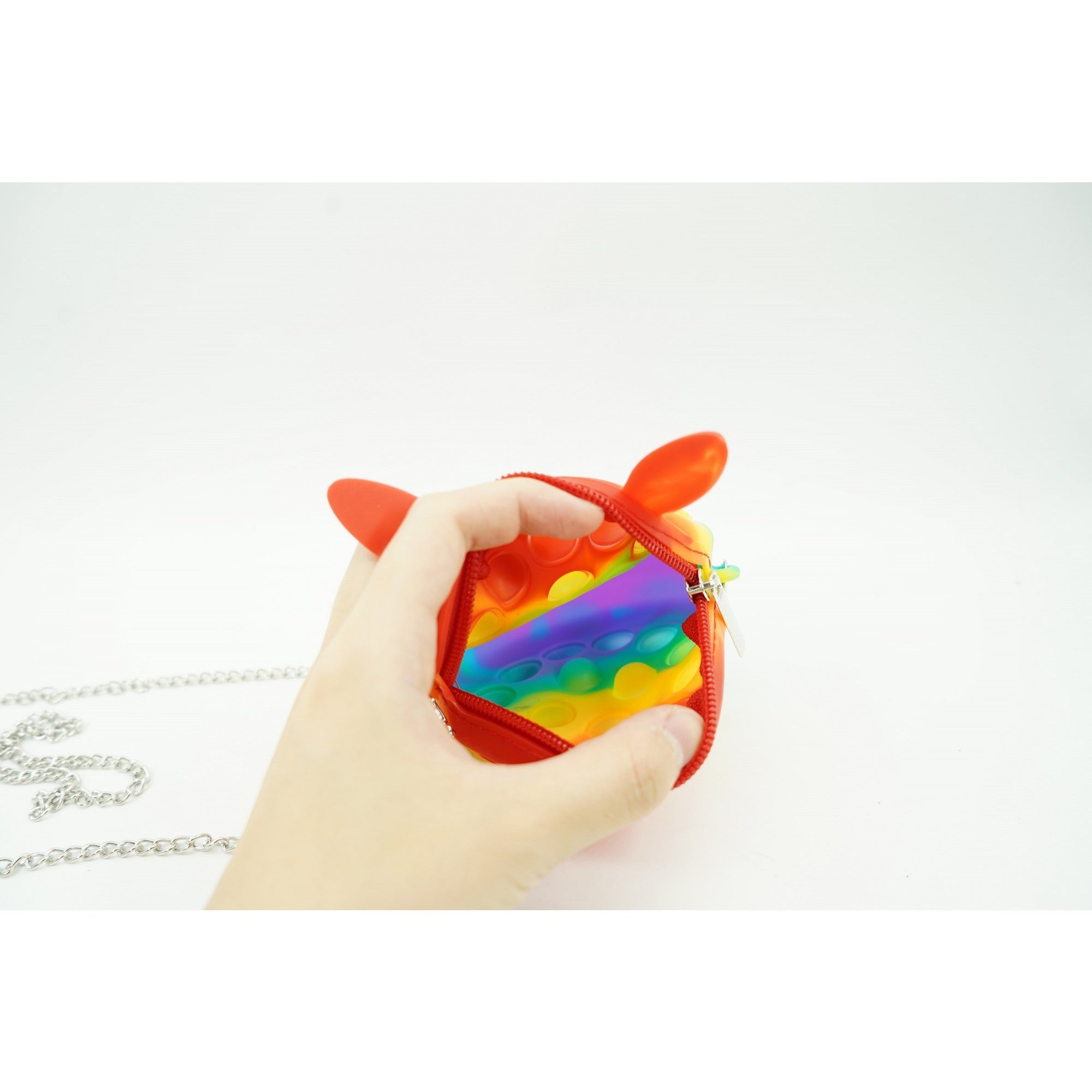 Jucarie antistres din silicon Kaveny, Pop it Now and Flip It ,Mini Geanta, Iepuras, 6 cm, Curcubeu
