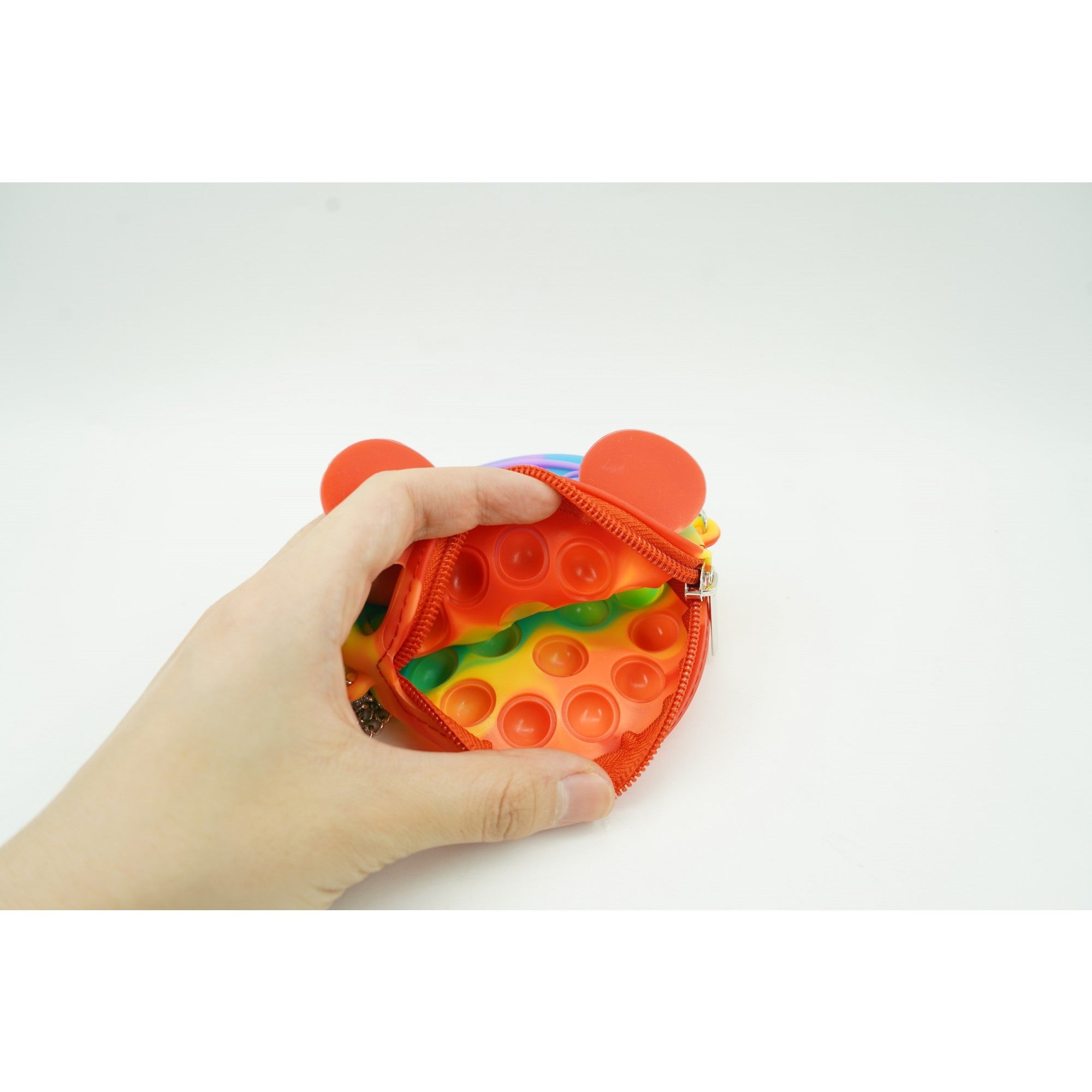 Jucarie antistres din silicon Kaveny, Pop it Now and Flip It ,Mini Geanta, Soricel, 6 cm, Curcubeu