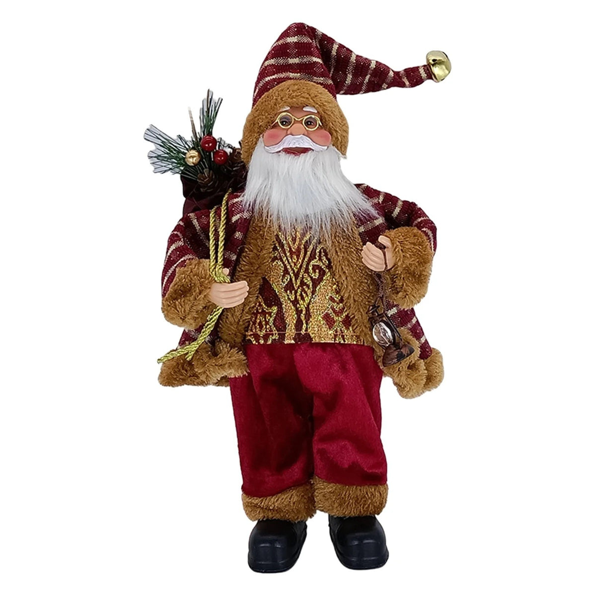 Figurina Decorativa Craciun, Kadeny, Mos Craciun Asezat cu Sac si Felinar, 35 x 18 x 20 cm, Material Plastic+Textil, Interior/Exterior, Rosu/Auriu