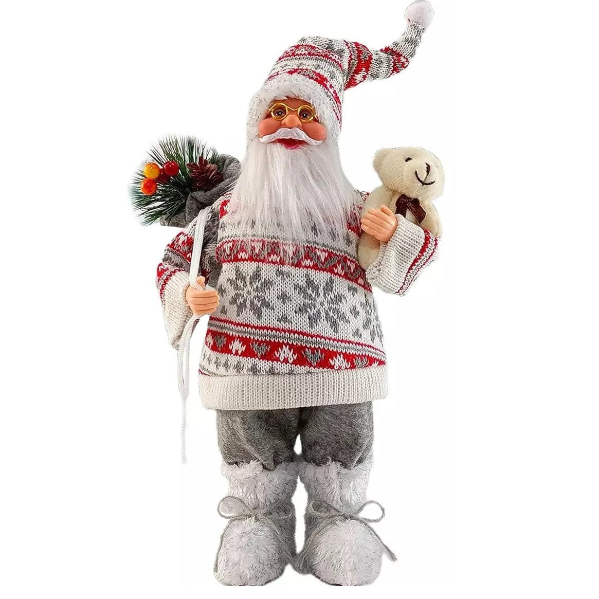 Figurina Decorativa Craciun, Kadeny, Mos Craciun cu Flori si Urs, 30 x 17 x 10 cm, Material Plastic+Textil, Interior/Exterior, Rosu/Gri