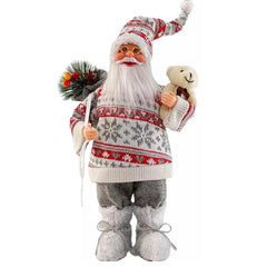 Figurina Decorativa Craciun, Kadeny, Mos Craciun cu Flori si Urs, 30 x 17 x 10 cm, Material Plastic+Textil, Interior/Exterior, Rosu/Gri