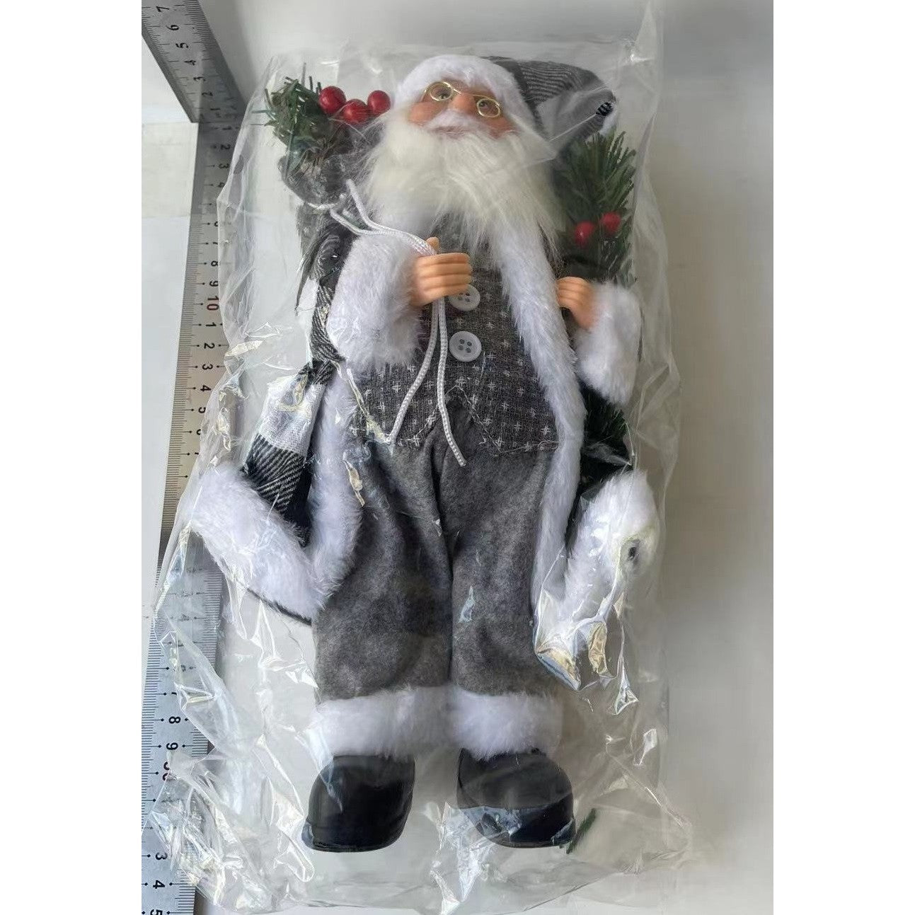 Figurina Decorativa Craciun, Kadeny, Mos Craciun cu Crenguta de Brad, 30 x 10 x 17 cm, Material Plastic+Textil, Interior/Exterior, Alb/Gri