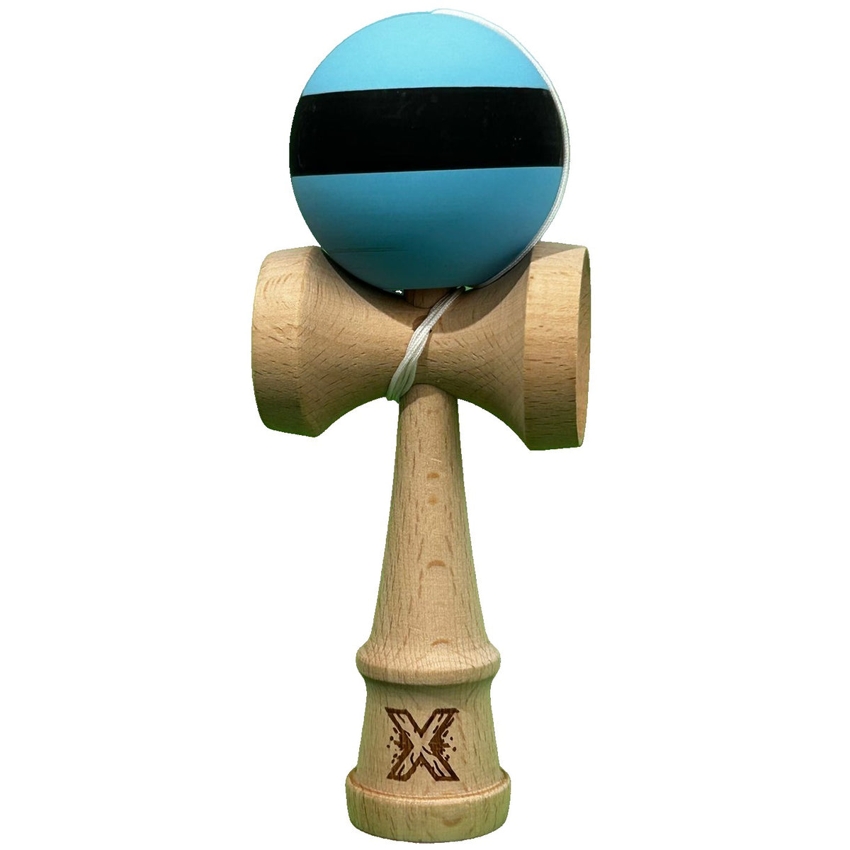 Kendama X Originala, Profesionala, Kaveny, din Lemn, 18 cm, Rubber Grip, Dungi Albastru/Negru