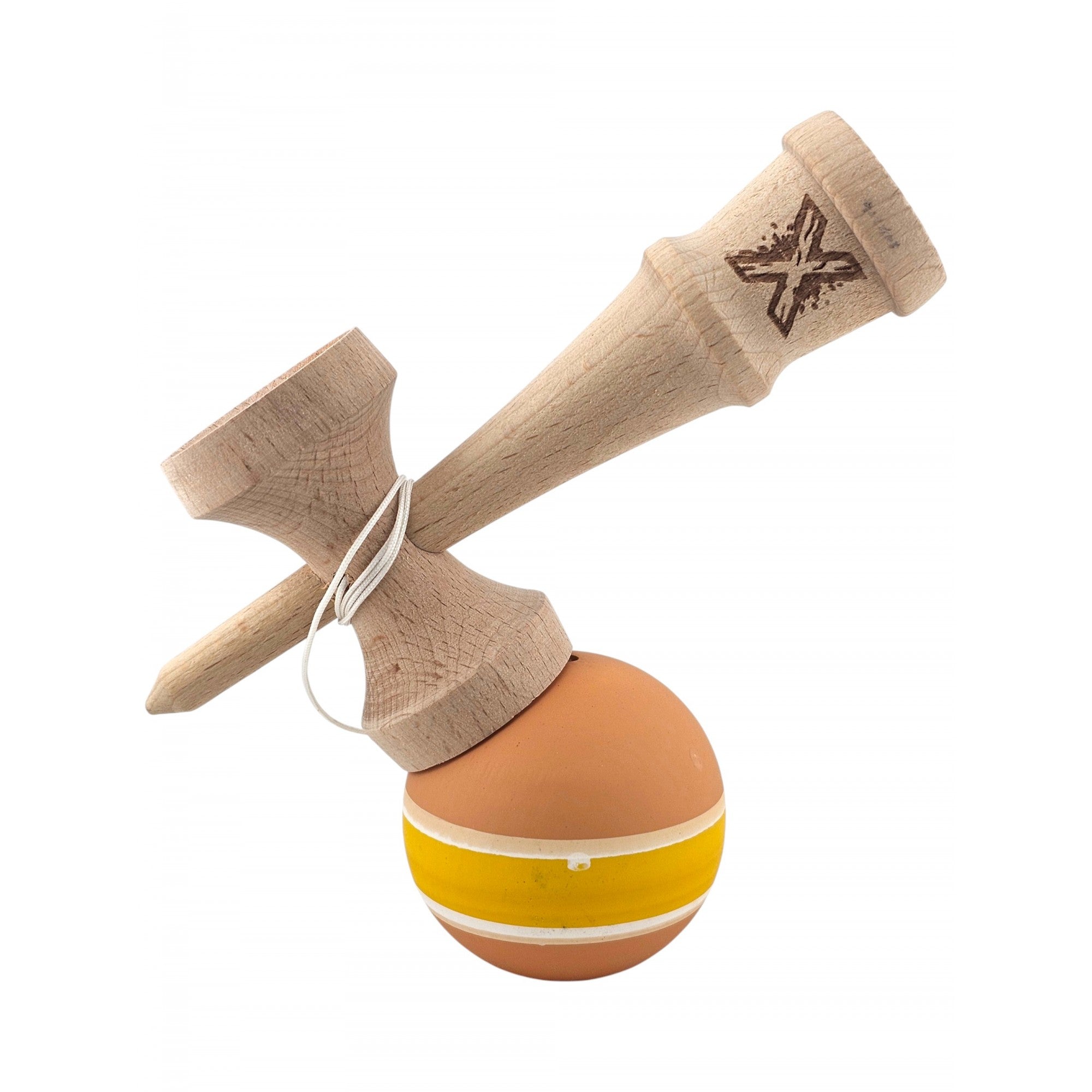 Kendama X Originala, Profesionala, Kaveny, din Lemn cu Bila cu Invelis din Cauciuc, 18 x 6 x 7 cm, Rubber Grip, Portocaliu/Galben/Alb
