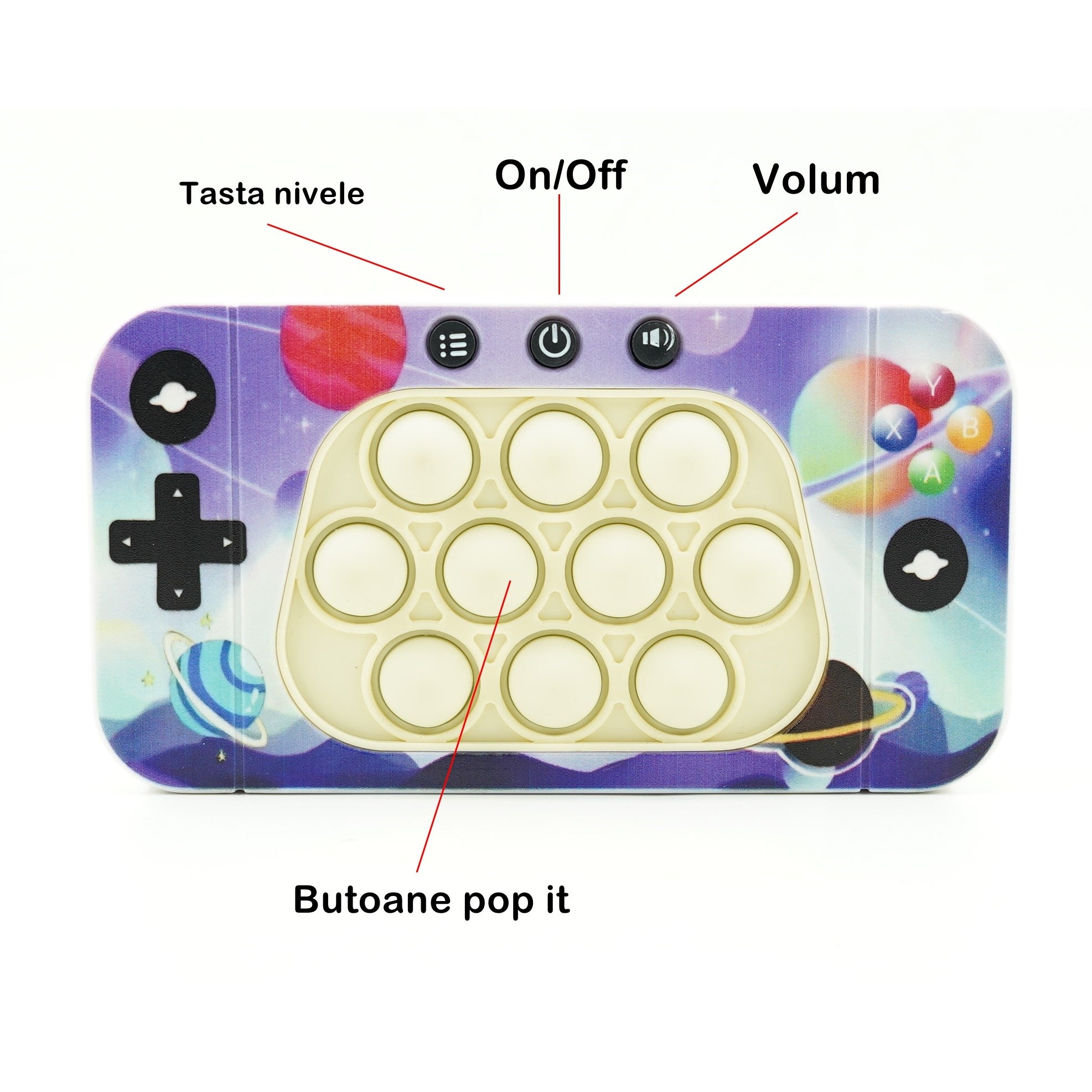 Jucarie interactiva tip consola pentru copii Kaveny, speed push whack-a-mole, joc de viteza pop it, material ABS/silicon, cu nivele, sunete si lumini, 15.5 x 7.6 x 5.3 cm, model spatiu, multicolor