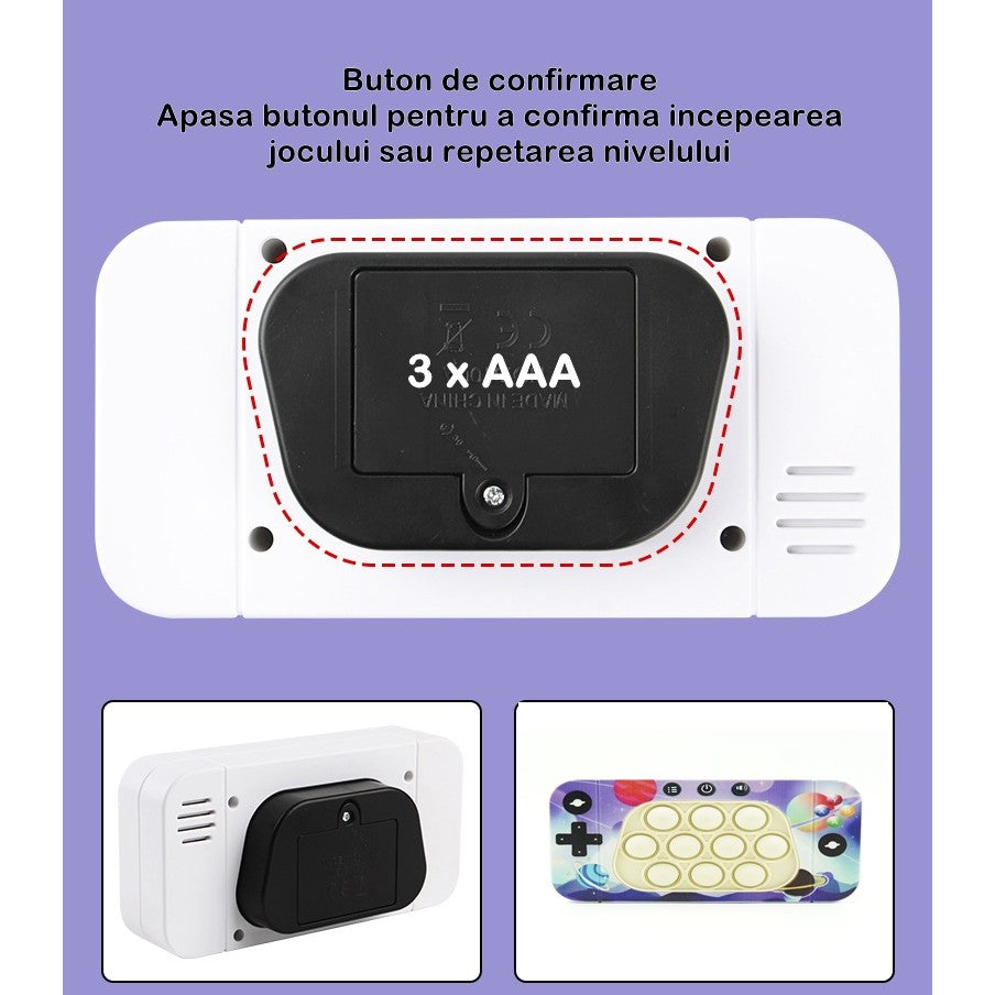 Jucarie interactiva tip consola pentru copii Kaveny, speed push whack-a-mole, joc de viteza pop it, material ABS/silicon, cu nivele, sunete si lumini, 15.5 x 7.6 x 5.3 cm, model spatiu, multicolor