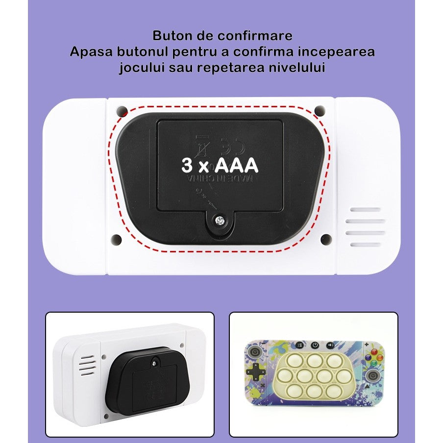 Jucarie interactiva tip consola pentru copii Kaveny, speed push whack-a-mole, joc de viteza pop it, material ABS/silicon, cu nivele, sunete si lumini, 15.5 x 7.6 x 5.3 cm, model culori, multicolor