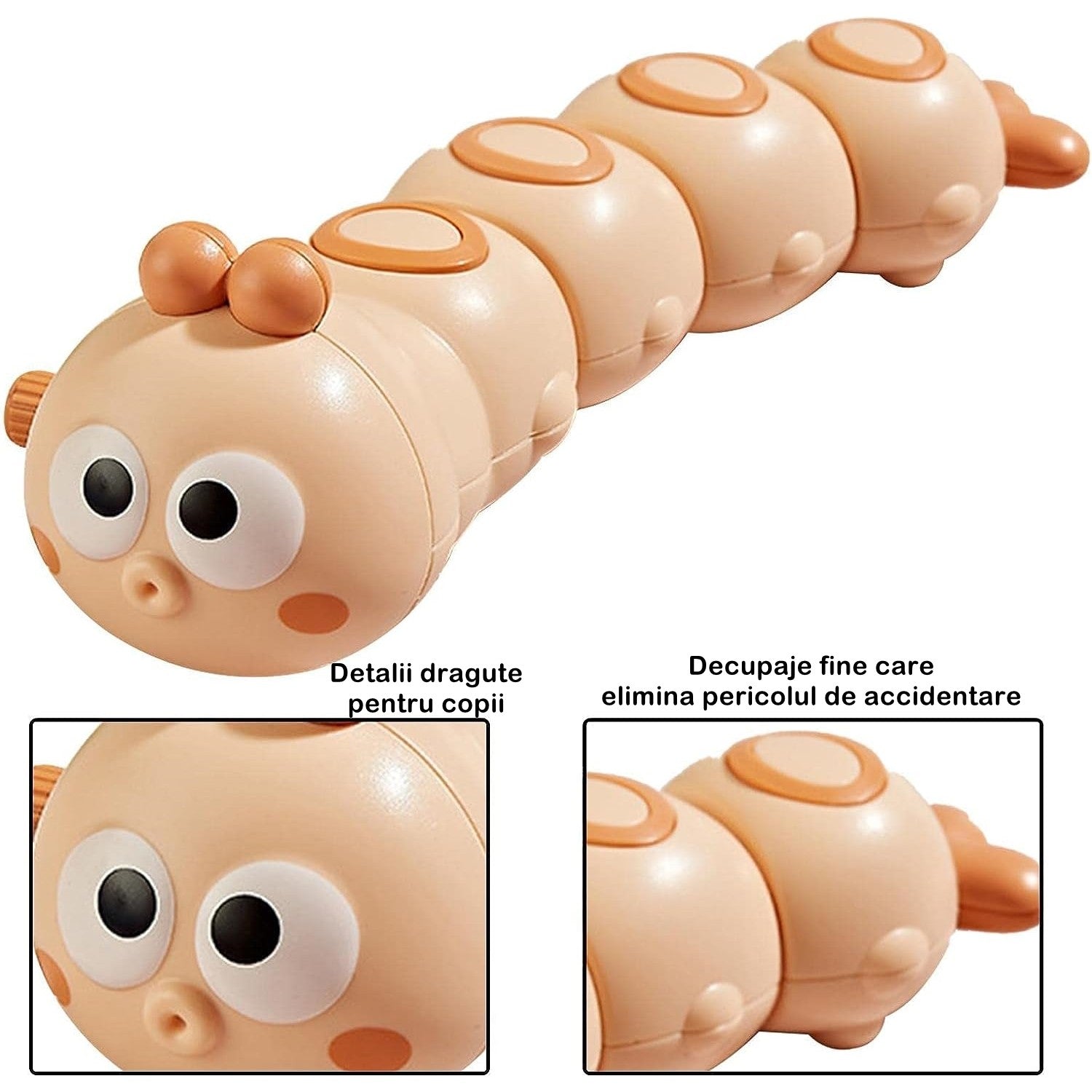 Jucarie mecanica pentru copii Kaveny, omida haioasa, cu cheita, distractiva, se taraste, se misca, 15 x 4 cm, portocaliu