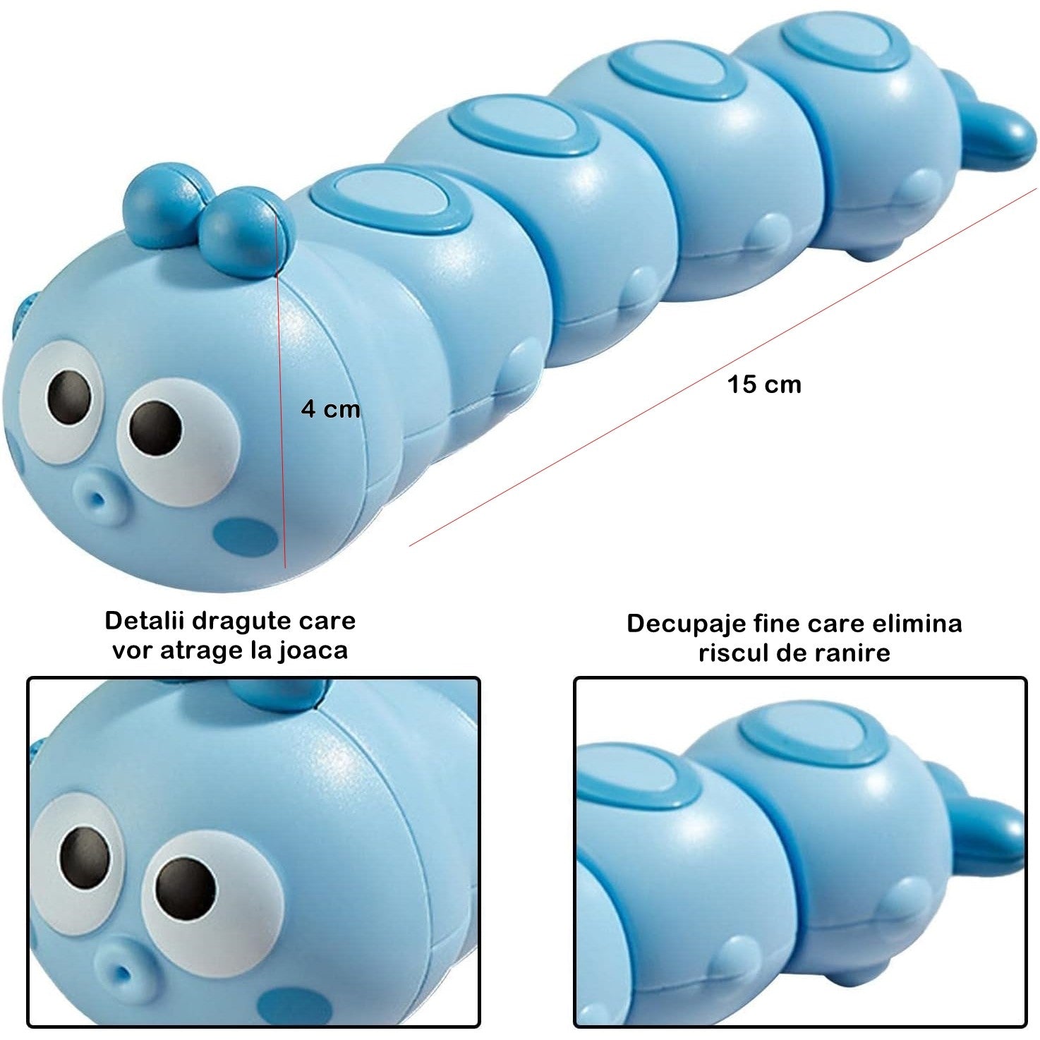 Jucarie mecanica pentru copii Kaveny, omida haioasa, material ABS, cu cheita, distractiva, se taraste, se misca, 15 x 4 cm, albastru
