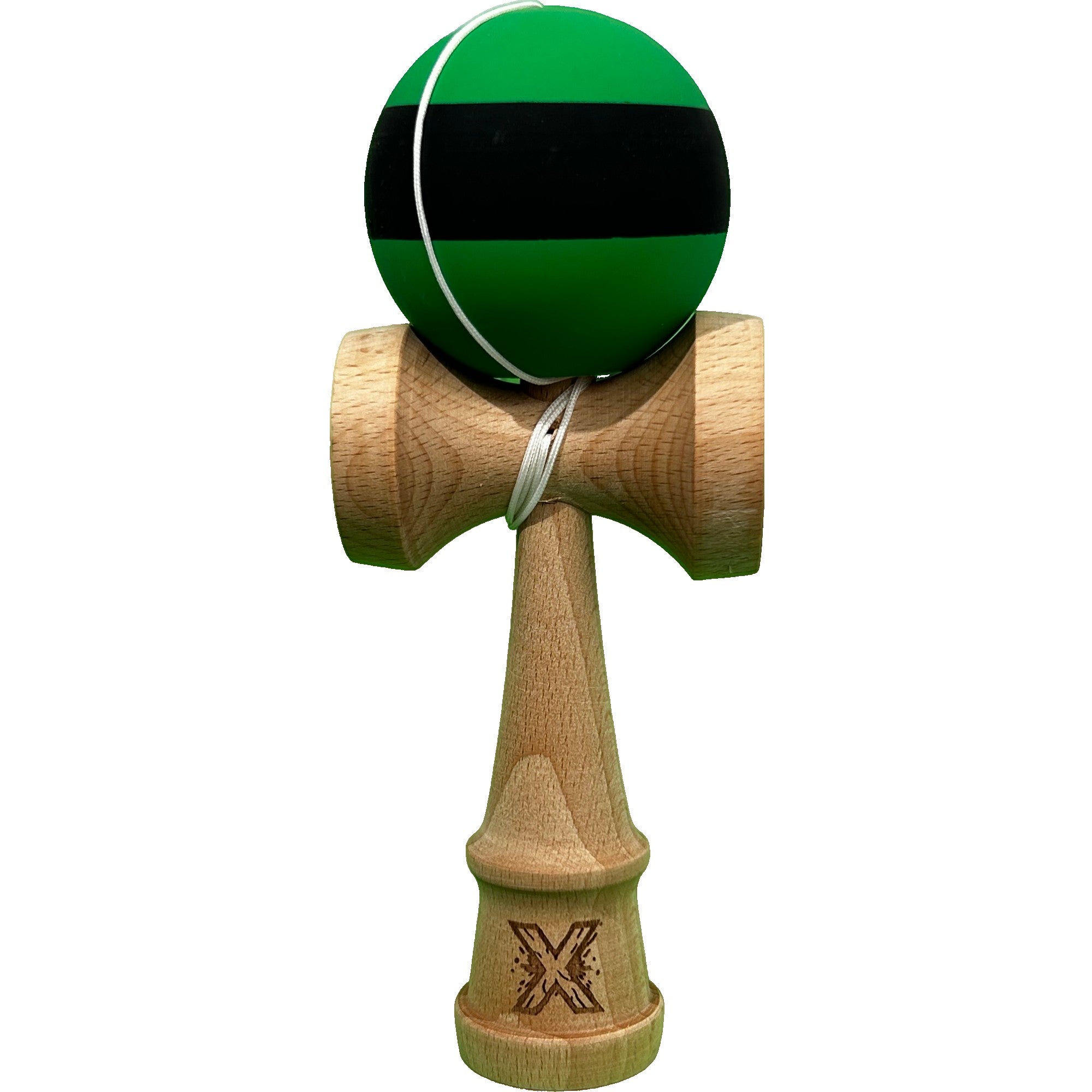 Kendama X Originala, Profesionala, Kaveny, 18 cm, din Lemn, Rubber Grip, Negru/Verde