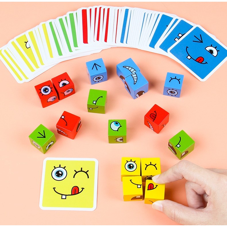 Jucarie pentru copii montessori Kaveny, cub din lemn, asamblare fete, 64 de carti distractive, pentru baieti si fete, varsta +3 ani, educativ, multicolor