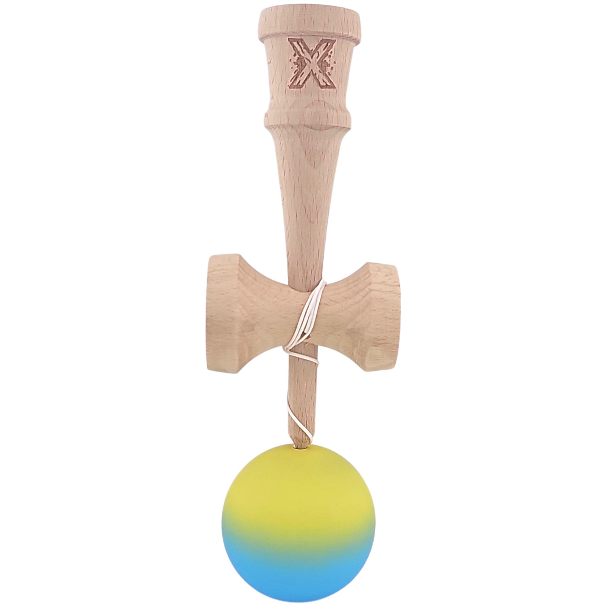 Kendama X Originala, Profesionala, Kaveny, 18 cm, Profesionala, +9 Ani, din Lemn, Gradient Galben/Albastru