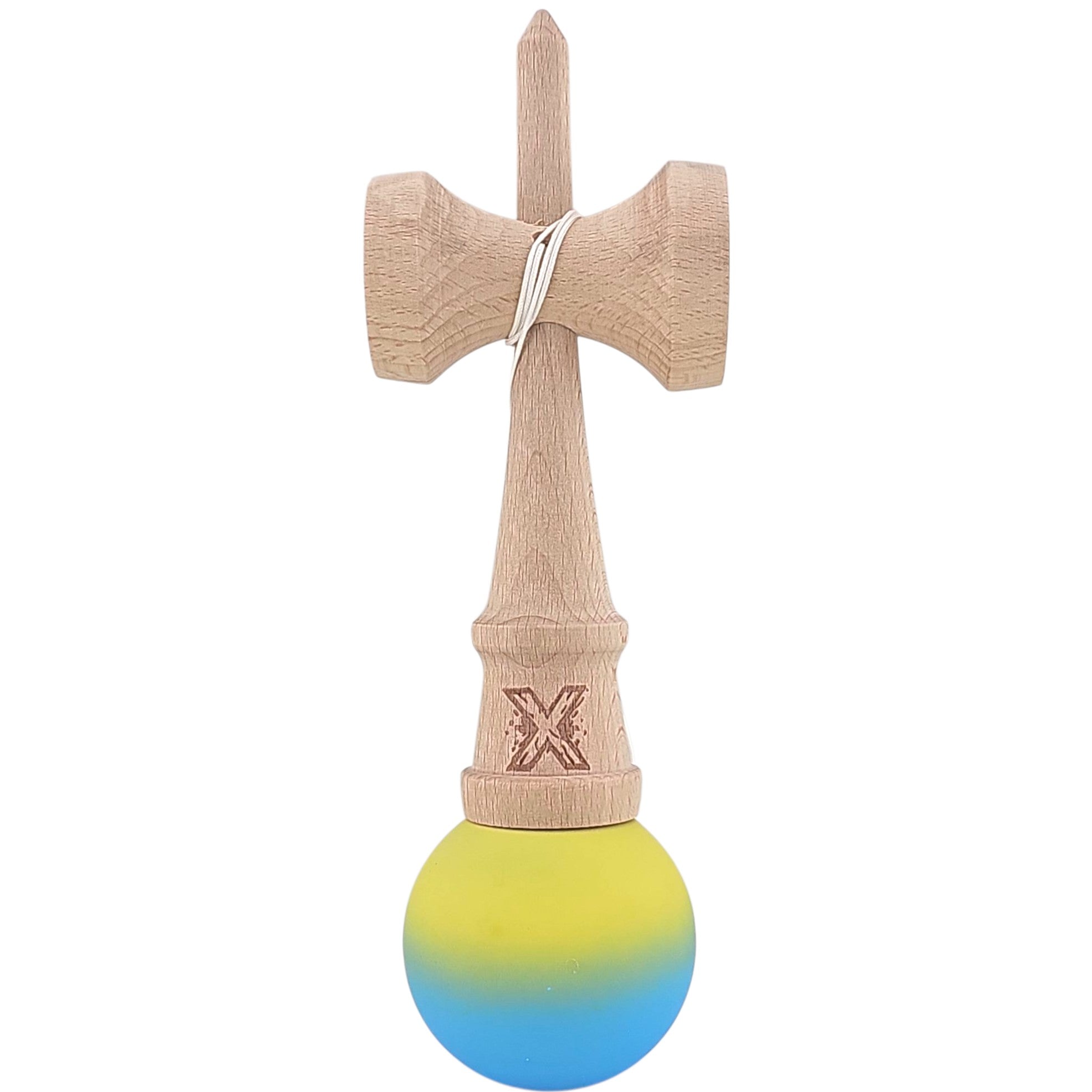 Kendama X Originala, Profesionala, Kaveny, 18 cm, Profesionala, +9 Ani, din Lemn, Gradient Galben/Albastru